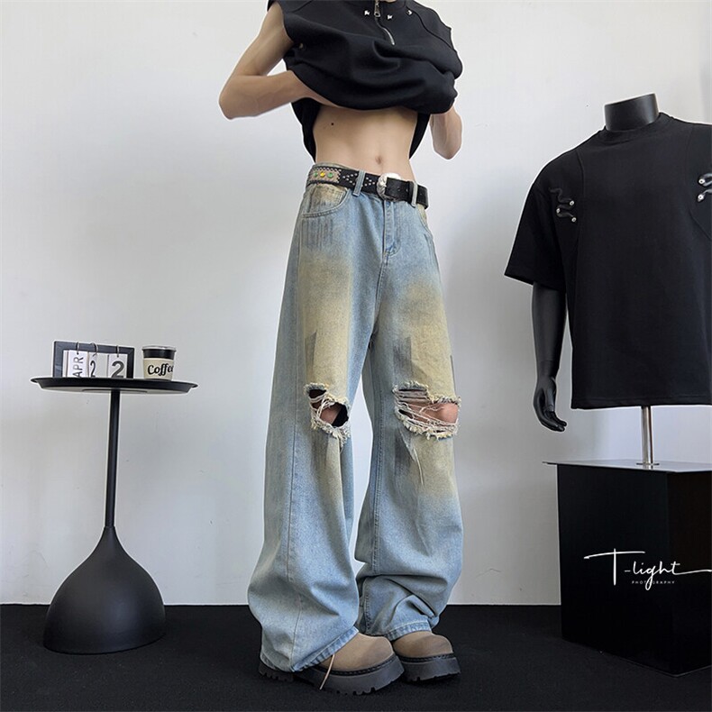 美式高街做旧破洞牛仔裤男春夏直筒微喇阔腿长裤子NK109-P50,男装牛仔裤,星座308B-1