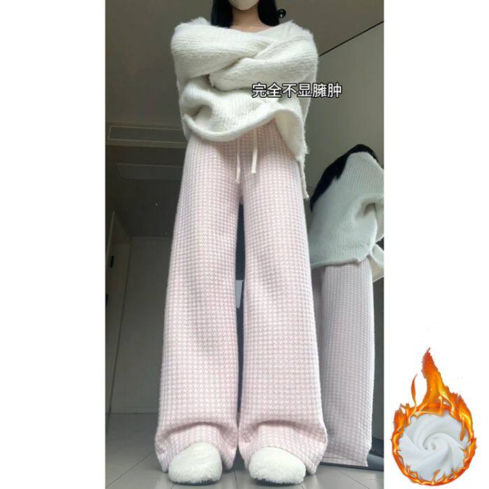 AK2484-P60千鸟格绒绒裤女秋冬2025新款小众设计感加厚垂感阔腿裤图片