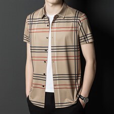 冰丝透气短袖衬衫夏季男士休闲商务中年格子免烫宽松时尚衬衣男装，男装衬衫，电商B212（原钱塘6029）