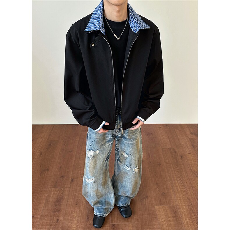 春季新款翻领可拆夹克格子拼接美式短外套男C61313-TP70128,男装夹克,电商A102