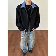 春季新款翻领可拆夹克格子拼接美式短外套男C61313-TP70128，男装夹克，电商A102