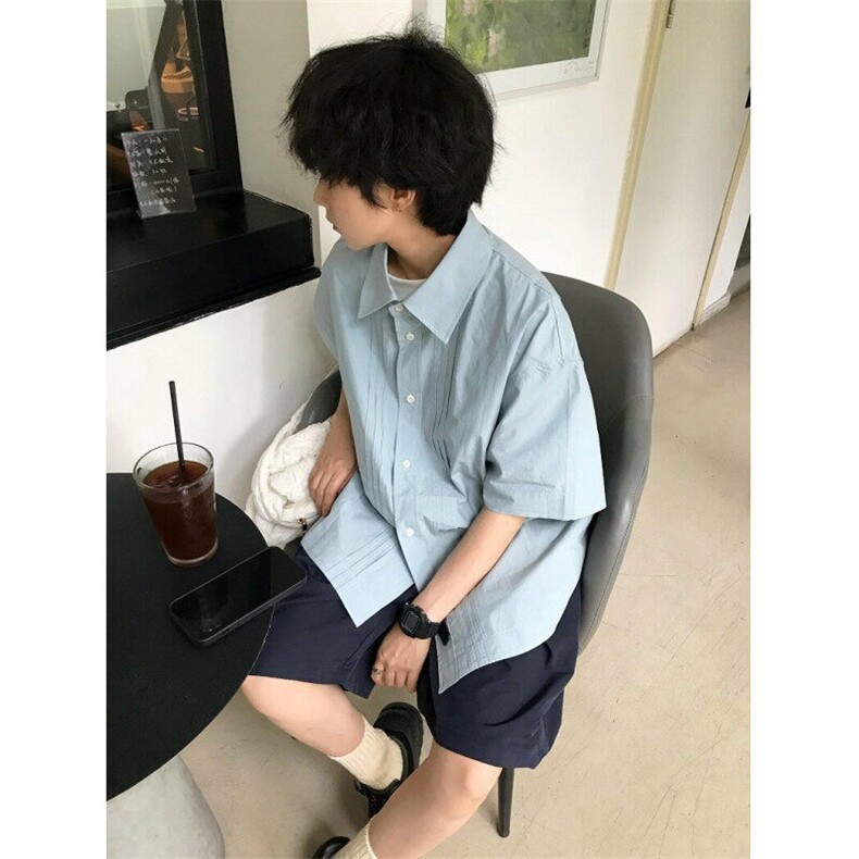 夏季潮牌褶皱设计感短袖衬衫男美式宽松休闲百搭纯棉衬衣CHT213,男装T恤,星座1116A（原606A-3）