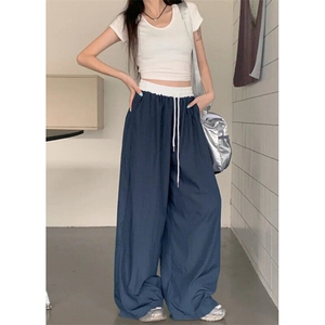 拼接撞色速干休闲裤女夏松弛感高腰宽松垂感拖地阔腿裤子 KW118图片