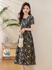 复古印花短袖棉布连衣裙女夏季2025新款时尚气质收腰显瘦碎花裙子，女装连衣裙，姿衣坊