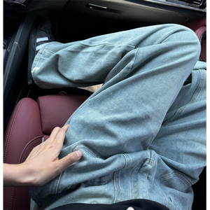 美式复古水洗直筒宽松牛仔裤男女设计感磨边休闲裤子高级潮图片