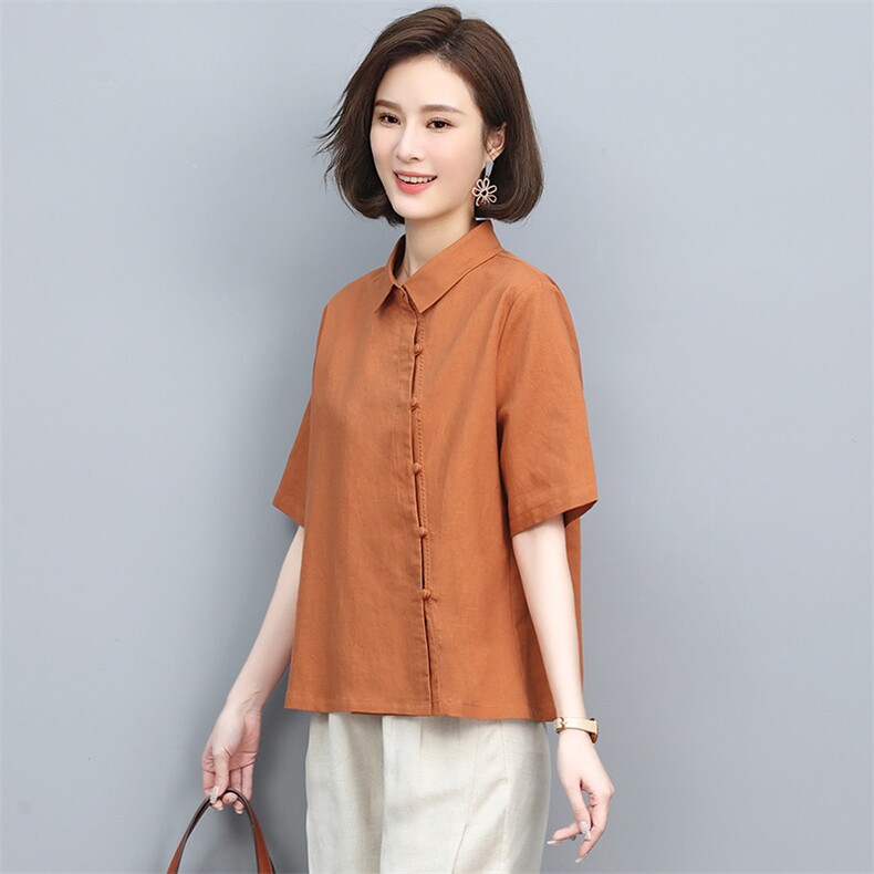 棉麻衬衫女2024夏季新款妈妈短袖衬衣中老年洋气亚麻薄款半袖上衣,女装衬衫,忆绮罗