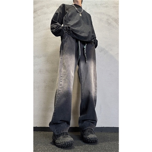 k1097-p55-控78 M-5XL 现货oversize cleanfit风黄泥牛仔裤破洞图片