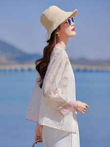 甜美小香风刺绣欧根纱薄外套女2025春夏新款气质百搭防晒开衫上衣图片