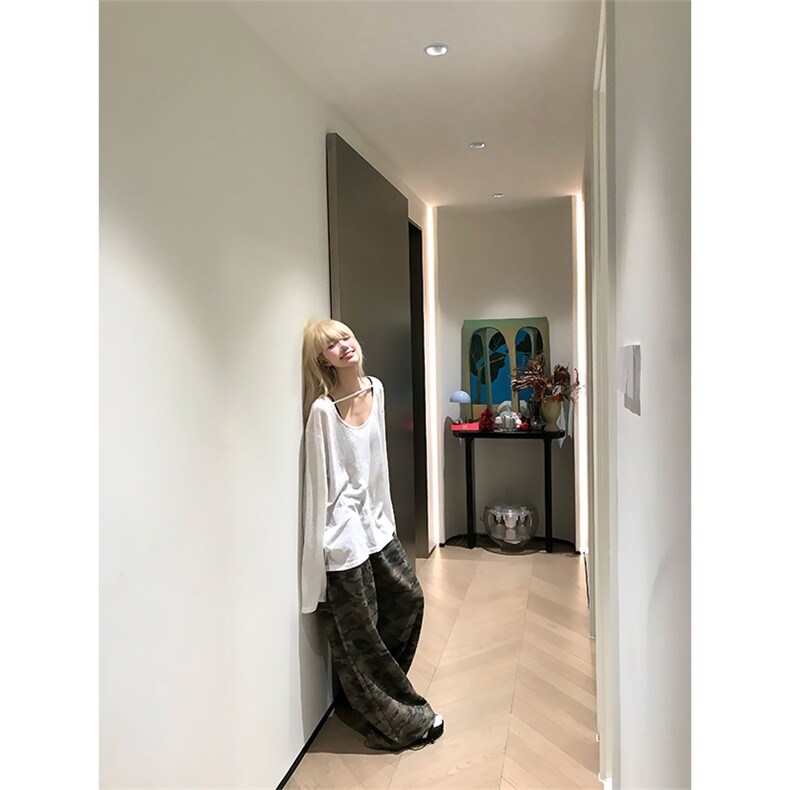 JMJ美式复古抽绳阔腿迷彩裤男女宽松休闲潮流百搭直筒拖地长裤,男装休闲裤,星座506A
