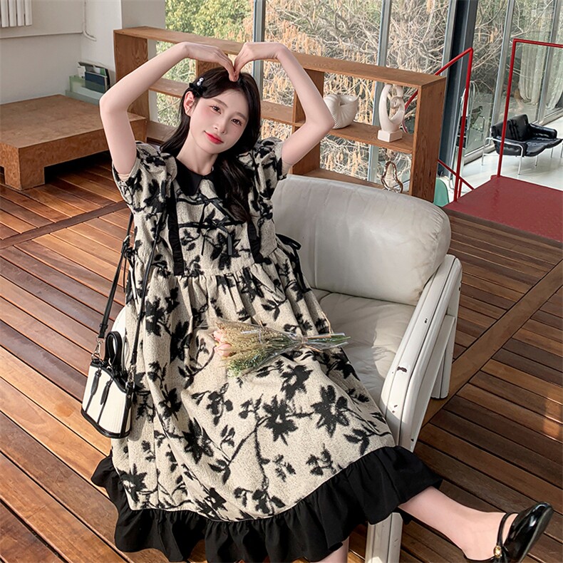 新中式国风娃娃领连衣裙女夏2025新款小个子宽松减龄泡泡袖碎花裙,女装连衣裙,2C032