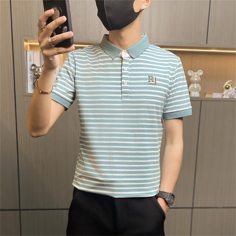 PL041-P40新款男士短袖条纹polo衫夏季薄款t恤潮流时尚高级感翻,男装Polo衫,电商D310B-1