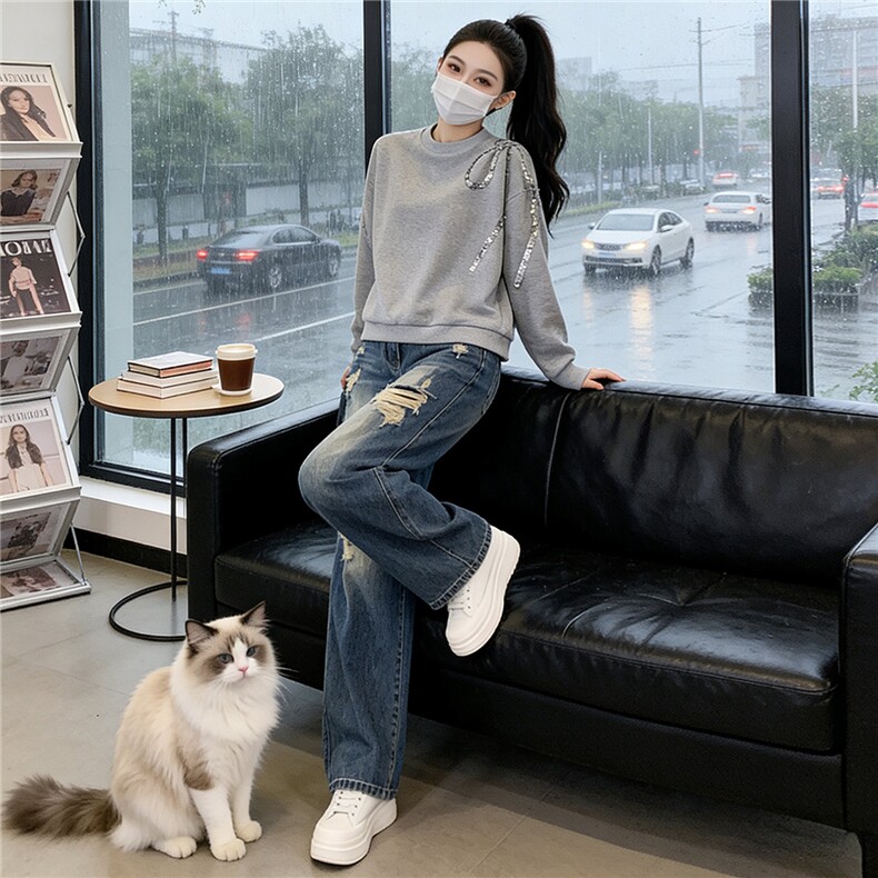 盐系穿搭休闲时尚套装女春款圆领刺绣长袖上衣破洞牛仔长裤两件套,女装套装/套裙,江南