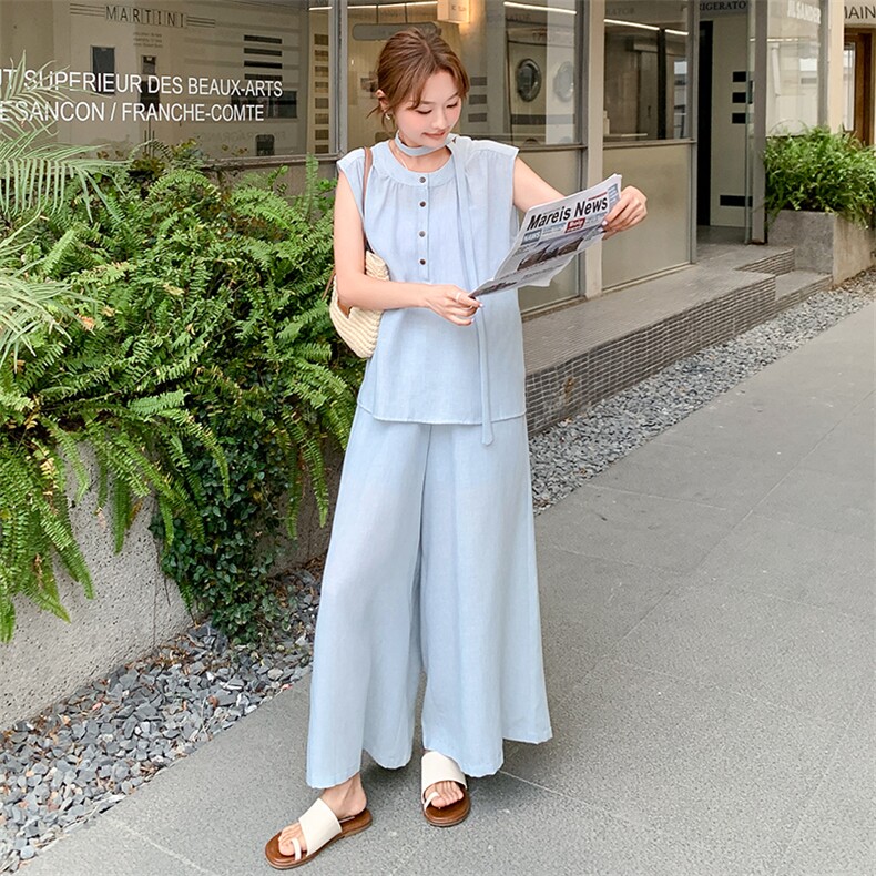 新款蓝色棉麻两件套2C110-H9710-P135-198,女装套装/套裙,2C110