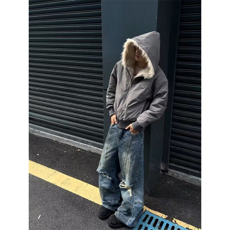 拉链新款青少年潮文艺潮流毛领连帽棉服宽松短款外套简约日系印花,男装棉衣,星座506A