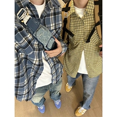 网图有货美式复古蓝色格纹毛边长袖衬衫男女宽松衬衣A1336-P30，男装衬衫，星座1505