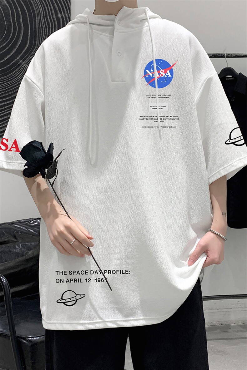 LD54243-P45NASA连帽短袖t恤男大码胖子带帽五分袖中袖,男装T恤,电商A040