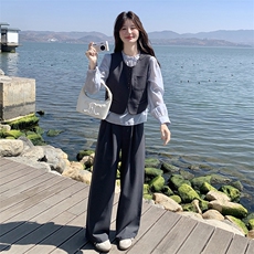 休闲马甲衬衣套装裤女秋2025新款三件套韩系风格一整套穿搭高级感，女装套装/套裙，2C283