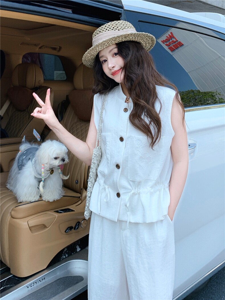 轻熟气质套装裤女2026夏季新款高级感刺绣无袖马甲阔腿裤两件套,女装套装/套裙,流量+