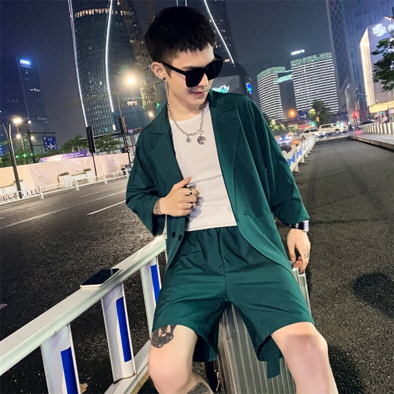 大码宽版小西服套装社会小伙短裤短袖两件套A328-2075，男装西服套装，星座406
