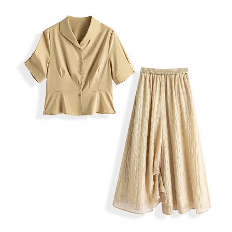 气质优雅纯色短袖收腰衬衫阔腿裙裤两件套女，女装衬衫，水衣源