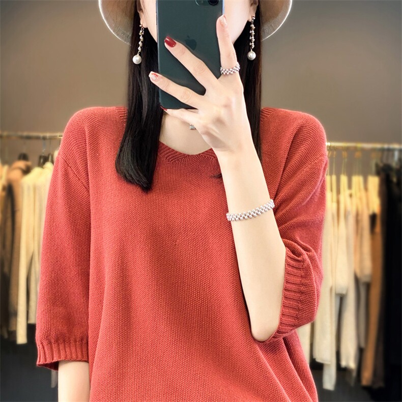 夏季新款100%纯棉针织短袖女V领中袖宽松显瘦薄款纯色t恤百搭上衣,针织衫/毛衣,品高羊绒