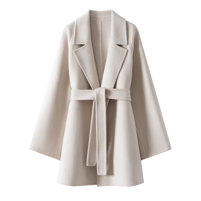 2025年秋季新款百搭女士系带长袖中长宽大衣，女装双面呢大衣，织美生