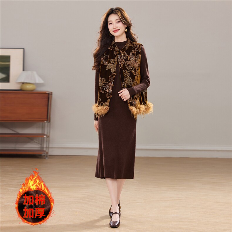 冬季新款重工小立领新中式立体花卉刺绣加棉真毛马甲两件套裙女，女装套装/套裙，宝儿家