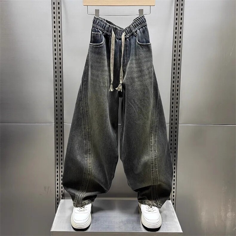 潮牌牛仔裤男美式宽松抽绳直筒休闲长裤KT1231常规P50加绒P58,男装牛仔裤,四季星座505