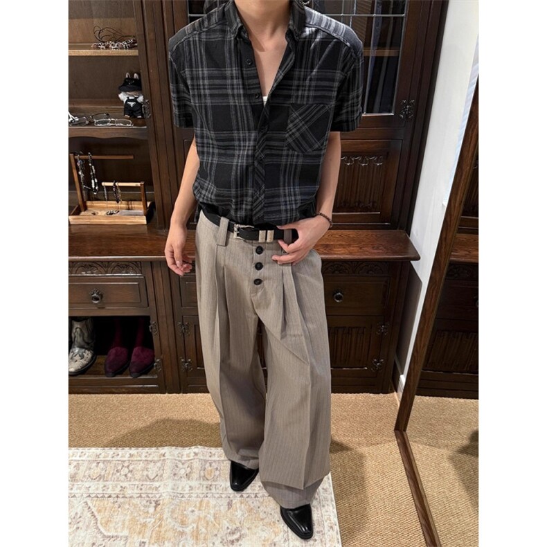 卡其色条纹排扣西裤男款老钱风高级感裤子四折A字阔腿弯刀微喇裤,男装西裤,星座813-2
