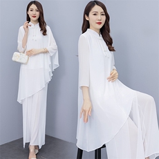 禅意女装白色改良文艺复古汉服夏唐装中国风禅修套装茶服女连衣裙，商品下架区，秀美人生