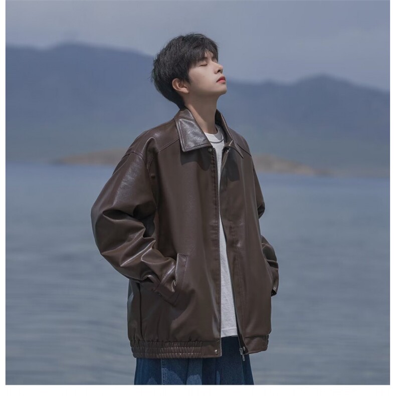 黑色pu皮衣外套痞帅cleanfit机车服夹克美式短款上衣Y1023P68网图图片