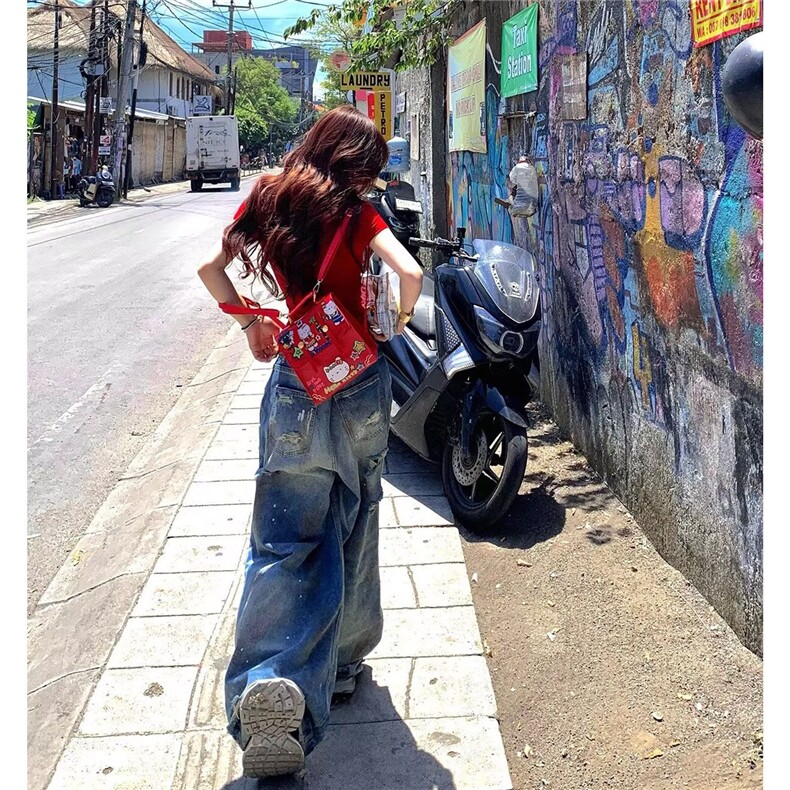 美式高街泥染做旧破洞牛仔裤男女泼墨慵懒拖地宽松阔腿裤潮,男装牛仔裤,星座1018A