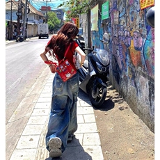 美式高街泥染做旧破洞牛仔裤男女泼墨慵懒拖地宽松阔腿裤潮，男装牛仔裤，星座1018A