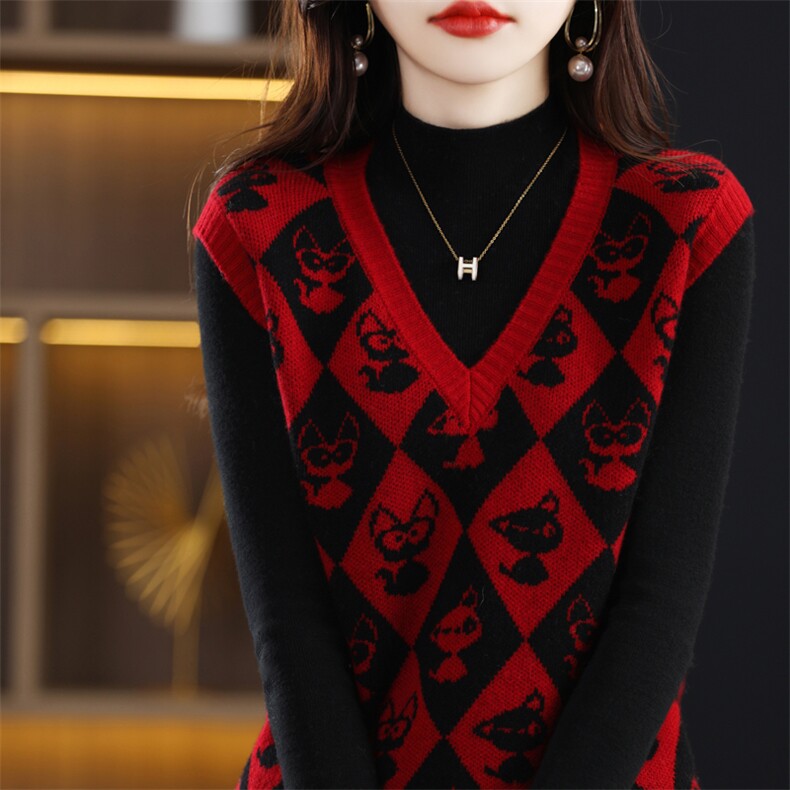 时尚气质V领无袖毛衣女针织背心韩版宽松显瘦百搭上衣,女装马甲,琳华羊绒