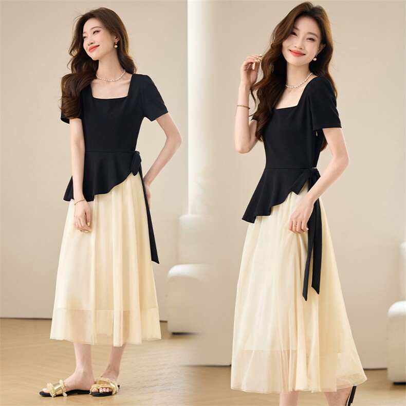 法式气质方领假连衣裙女夏2025新款设计感不规则绝美网纱裙，女装连衣裙，央宝儿