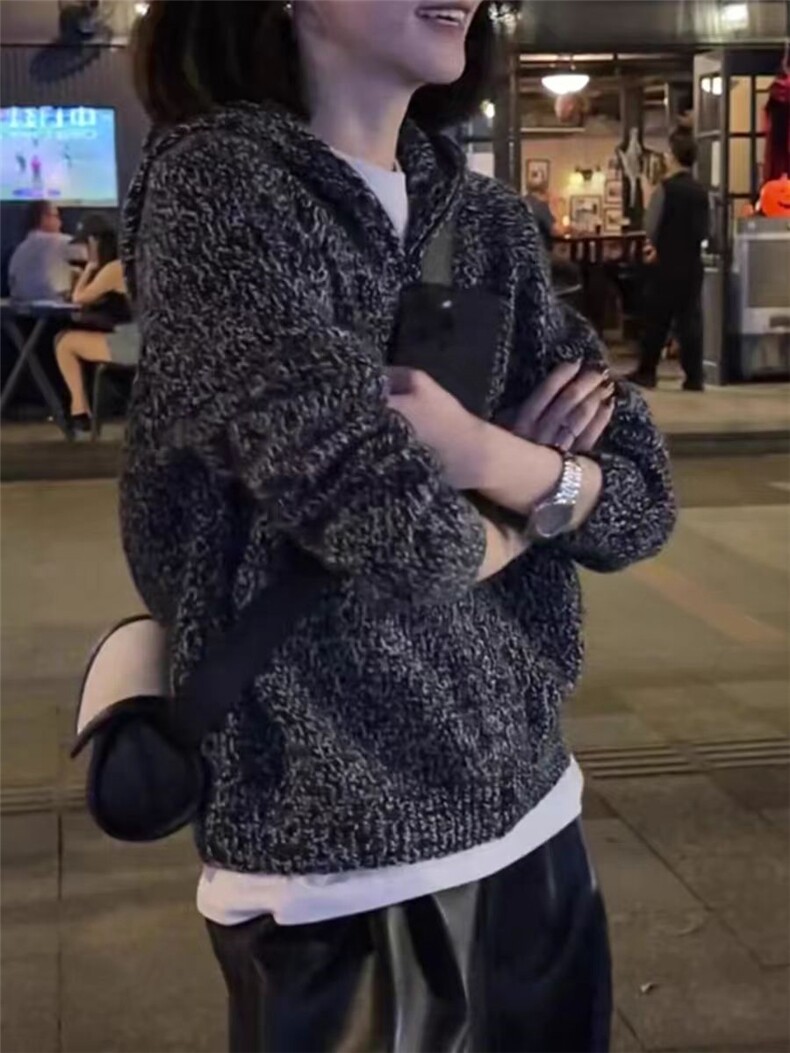 女士秋冬简约花式纱开衫帽衫，女装羊毛衫，冀清阳荣