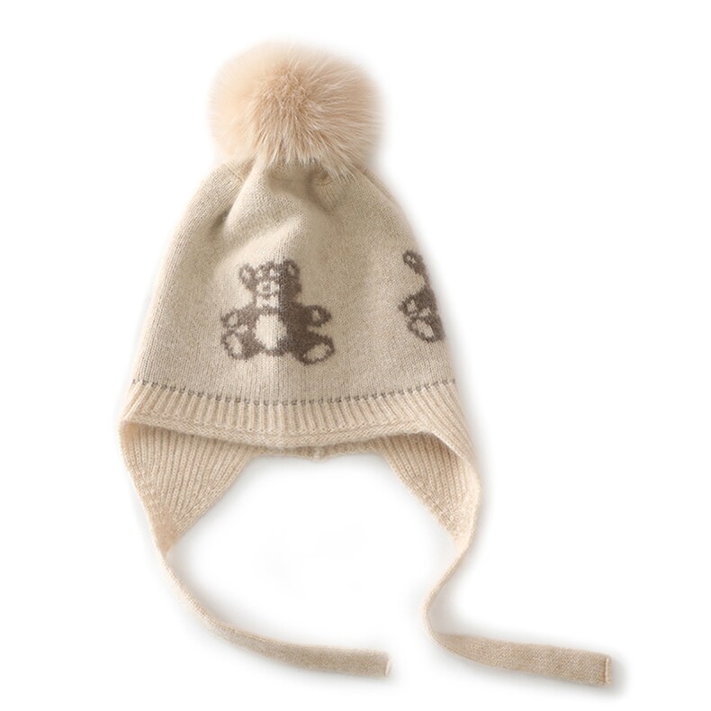 秋冬新款儿童保暖小熊帽子男女童可爱毛球护耳针织帽，童装儿童配饰，臻歆羊绒