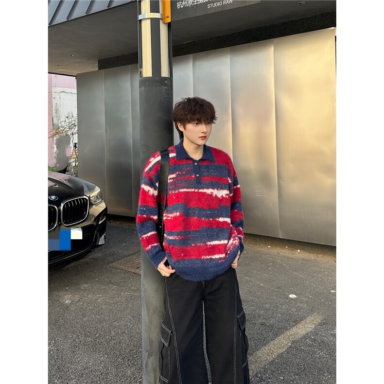 条纹仿貂毛polo领针织毛衣女秋冬美式设计感宽松慵懒上衣,男装针织衫/毛衣,星座506A