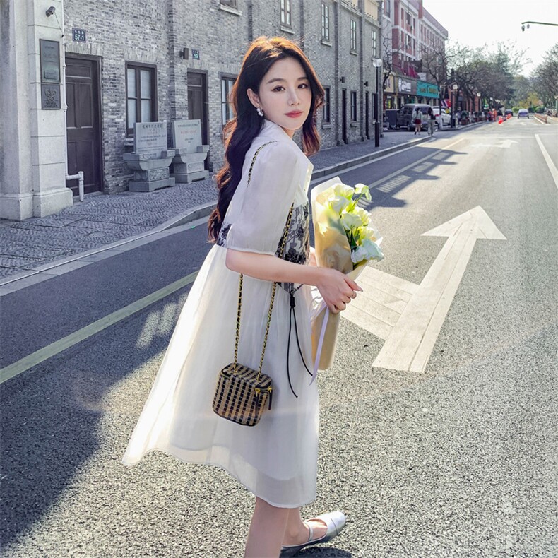 新中式国风印花连衣裙女2024夏季新款高级感气质高端收腰显瘦裙子，女装连衣裙，浙宝285（原212）