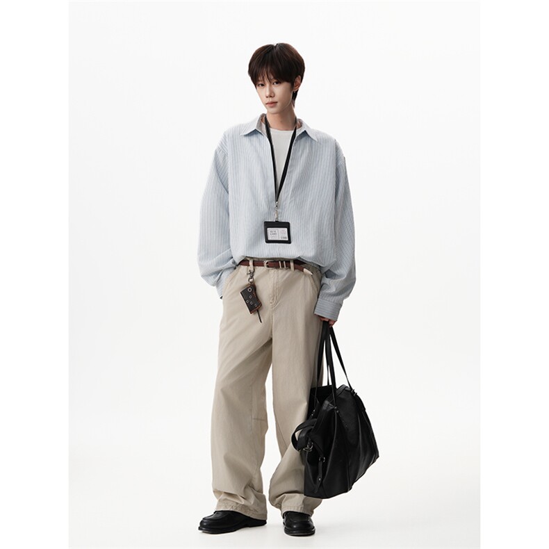 日系cityboy灰竖纹经典翻领衬衫宽松廓形个性上衣HY921TP48控88,男装衬衫,电商A102B