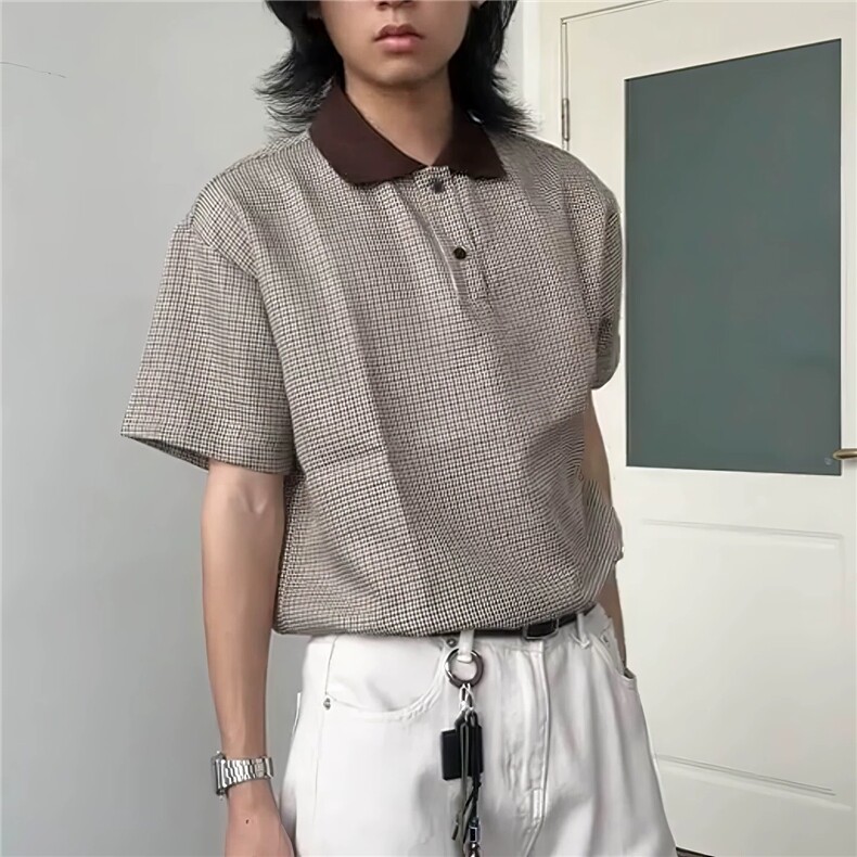 极速2025经典千鸟格撞色短袖polo衫复古格纹宽松翻领半袖T恤男图片