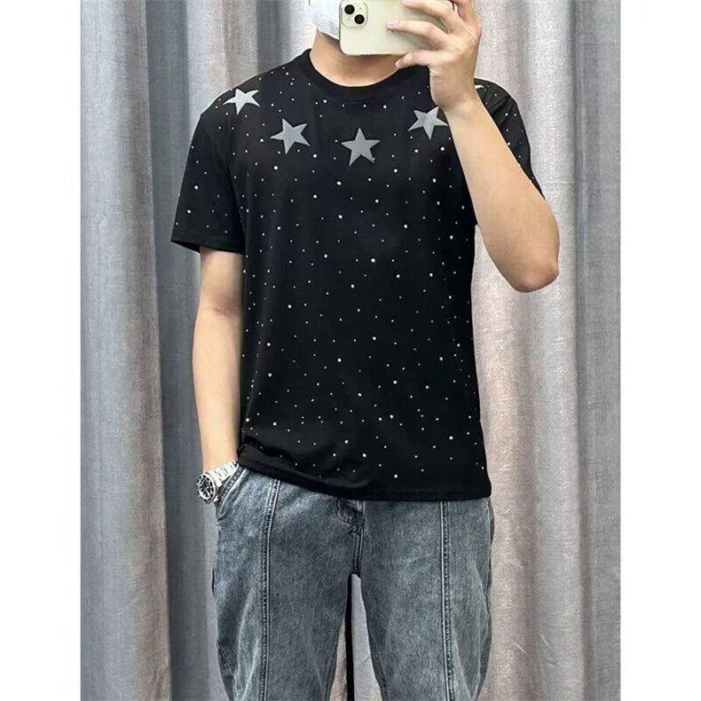 夏季新款五角星潮牌烫钻满天星短袖T恤男宽松时尚设计感半袖上衣图片