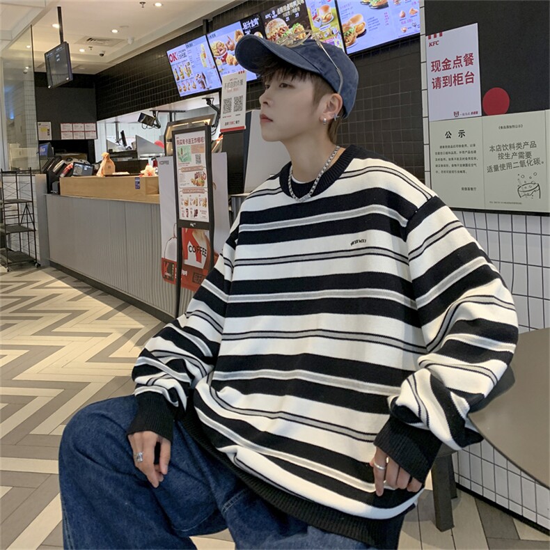 日系条纹刺绣情侣毛衣男秋冬潮牌保暖针织衫外套MY05557-P48,男装针织衫/毛衣,星座308B-1