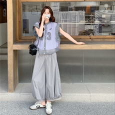 设计感假两件无袖衬衫套装女2025夏季新款韩版工装风阔腿裤两件套，女装套装/套裙，2C211