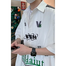 欧美新款美式街头字母印花短袖衬衫男复古嘻哈宽松bf休闲小众衬衣，男装T恤，星座1210-1