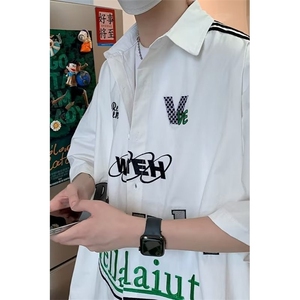 欧美新款美式街头字母印花短袖衬衫男复古嘻哈宽松bf休闲小众衬衣图片
