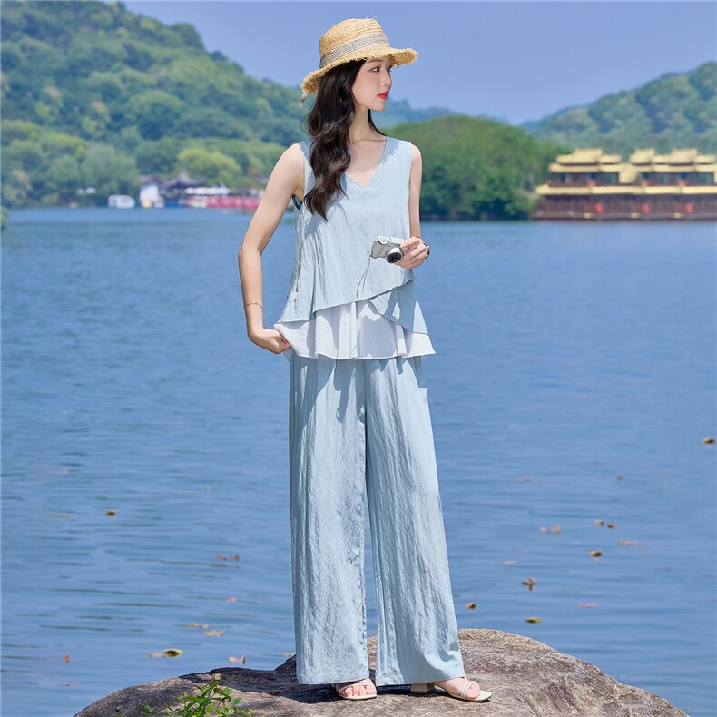 （新款现货）2026夏装时尚莱赛尔花苞假两件上衣阔腿裤套装两件套,女装套装/套裙,印象茜