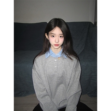 重磅加绒硬挺boxy男女美式高街假两件衬衫领长袖卫衣POLO领打底衫，男装T恤，电商A486