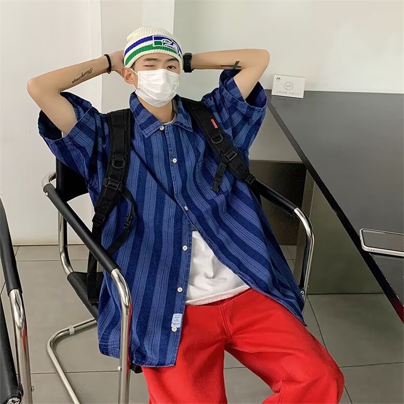 牛仔衬衫男韩版潮流条纹撞色高街帅2026夏季ins短袖外套CY214-P60，男装衬衫，星座412