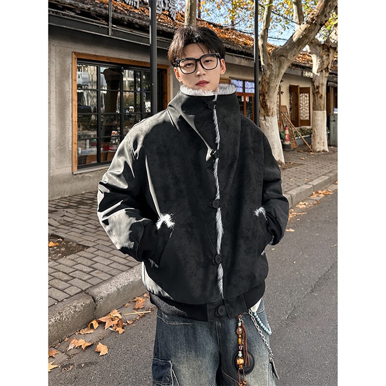 座山雕交襟扣高立领翻领皮棉衣仿水貂毛游牧加棉外套987P128，男装棉衣，电商A458A